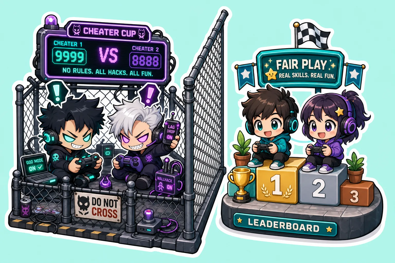 Chibi sticker art: two mischievous cheaters penned into their own fenced leaderboard, gleefully competing against each other, while honest players compete fairly on a separate podium across the fence.
