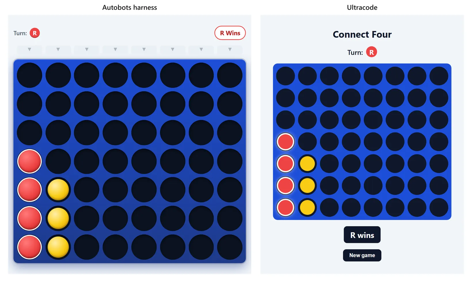 Side by side: the harness Connect Four with a row of small drop arrows and no restart, next to the Ultracode build with no arrows (click any column) and a New game button under the result.
