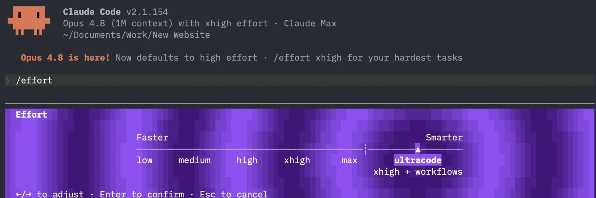 The Claude Code effort selector. The slider runs from low to max, with one more stop past max labeled ultracode: xhigh plus workflows.