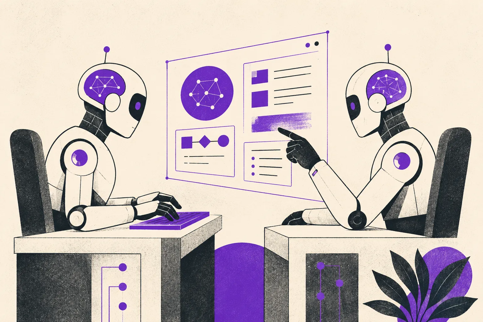 Two robot characters at terminals on either side of a shared UI panel, editorial illustration.