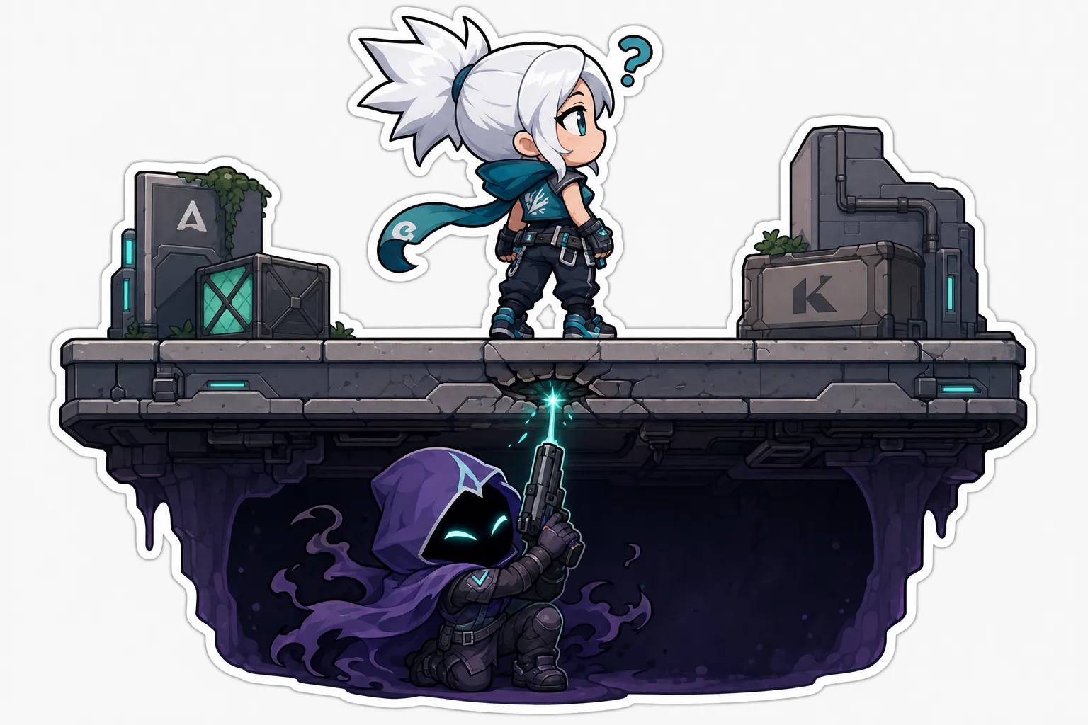 Chibi sticker art: a white-ponytailed agent stands unaware on a sci-fi map platform while a hooded purple figure crouches in the void underneath, grinning and aiming a gun up through the floor.